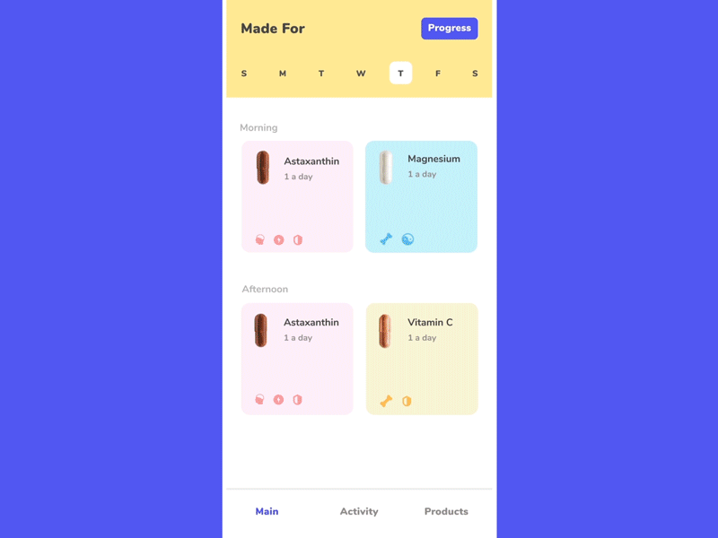 Happy Drugs animation app drugs free healthtech illustration interface mobile progress ui ux vitamins