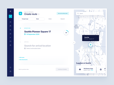 Logicsols - Shipment RFQ arrival cargo creator delivery departure details finder graph location logistics map menu navigation overview request route shipment steps supply chain transport