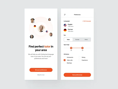 Find Your Tutor - Preferences app area attributes buttons clean design filters languages mobile onboarding page people preferences range save screen slider ui ux widelab