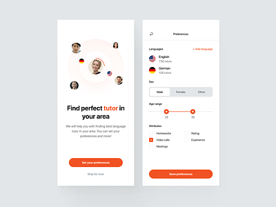 Find Your Tutor - Preferences app area attributes buttons clean design filters languages mobile onboarding page people preferences range save screen slider ui ux widelab
