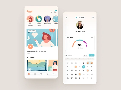 Mindy - Home & Profile account app bar calendar clean course daily dashboard featured illustration level page player profile progress stories streak ui ux widelab