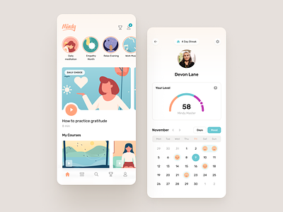 Mindy - Home & Profile account app bar calendar clean course daily dashboard featured illustration level page player profile progress stories streak ui ux widelab