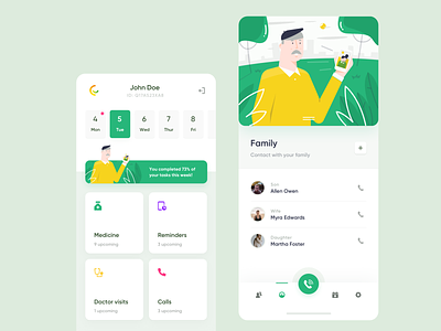 CareUp - Mobile app app calendar call clean contacts green illustration mobile mobile app navigation page planner progress reminder schedule tasks to do ui ux widelab