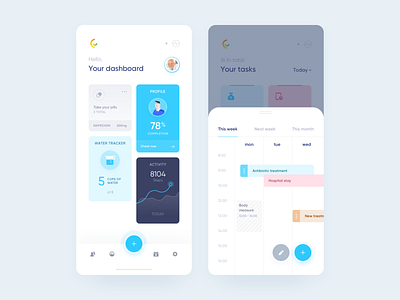 Careup app - Onboarding dashboard activity agenda blue calendar dashboard edit health history icons navigation bar overview planner profile schedule tabs tasks timeline tracker ui widelab