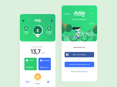 Activy - Cycling game app app application bike clean cycling fitness game goal icons illustration page profile progress register ride route sign up sport tracker widelab