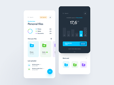 Personal cloud space manager - App app application card categories chart cloud dashboard documents drive files management mobile page pricing product project statistics ui ux widelab