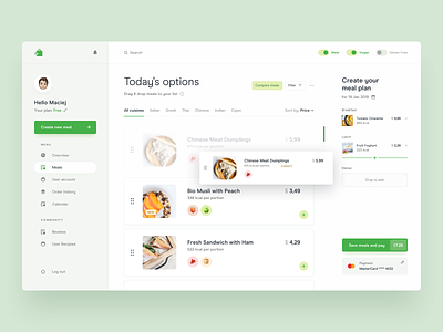 Meal Prep Delivery Service App cards clean creator dashboard delivery dish drag and drop ecommerce emoji filters food menu method minimal navigation payment planner platform search summary