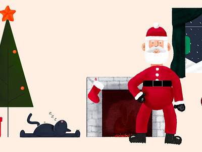Santa and his mince pies after effect animation applepencil branding cat characterdesign christmas christmas tree design festive fireplace graphic graphicdesign graphics handdrawn illustration illustrator photoshop santa scene