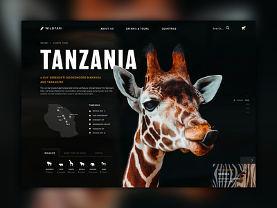 Website for a Safari Adventures company africa animal dark dark theme dark ui design giraffe nature safari tanzania travel ui website website concept website design wild