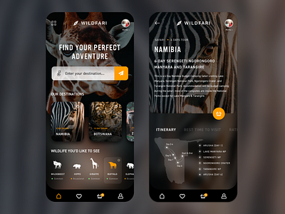 Find your Safari App adventure animals app app design app ui dark mobile nature safari theme ui uiux wild