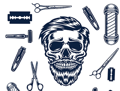 SKULL BARBER Pattern ink razor scissors sharp sharp razor