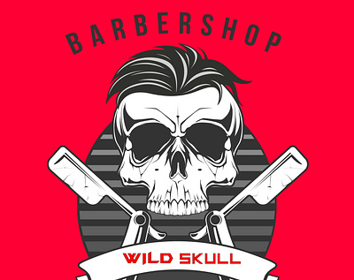 LOGO BARBERSHOP "WILD skull" at neutral red background ink razor sharp