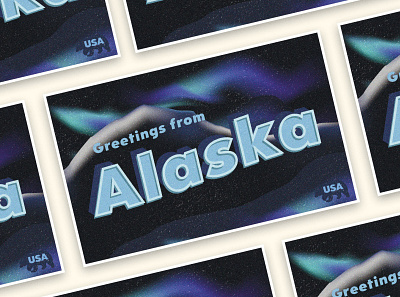 Greetings from Alaska alaska aurora borealis blue cold design designer illustration illustrator mountain northernlights postcard poster retro snow texture vector vintage weeklywarmup