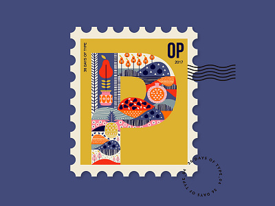 Letter P from my stamp collection 36daysoftype illustration peach pear pomegranate typelove