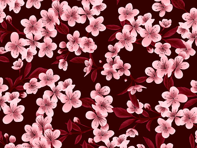 Cherry Blossom Floral Pattern Illustration asian blossom bourdeaux cherry colourful crimson floral flower flowers illustration japanese luxury minimal packaging pattern pink red surface wallpaper wine