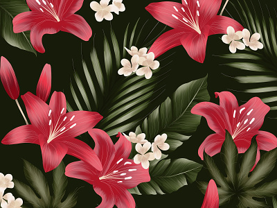 Tropical plant Pattern Illustration blossom eco ferns floral flower flowers hot illustration lotus luxurious luxury packaging paradise pattern plant plants red surface tropical wallpaper