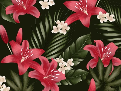 Tropical plant Pattern Illustration blossom eco ferns floral flower flowers hot illustration lotus luxurious luxury packaging paradise pattern plant plants red surface tropical wallpaper