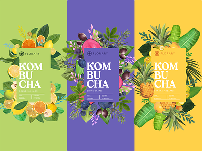 Florary Label Poster concept beverage branding can colorful colourful drink drinks eco food fruit fruits illustration kombucha label labels liquor mockup natural organic packaging