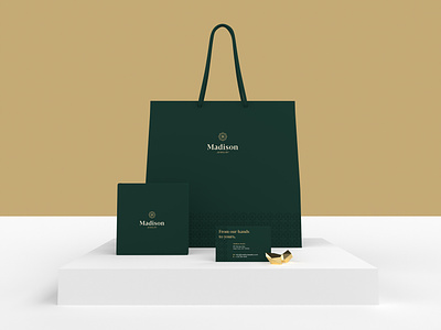 Madison Jewelry Branding Elements 3d adobe dimension bag branding diamond dimension gold jewelry jewelry shop jewelry store luxury minimal mockup packaging packaging design product design render shopping vector