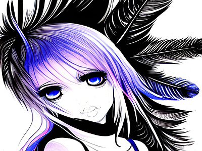 Anime female purple hair with feather accessories.