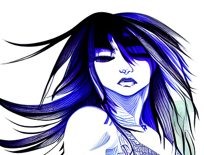 Anime female girl blue hair hi-lights and green coloring.