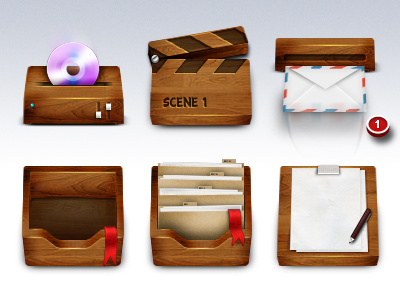 Wooden icons box cd folder icon mail music video wood