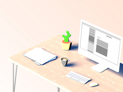 Fresh Desk 3d cactus clean coffee desk illustration imac modo