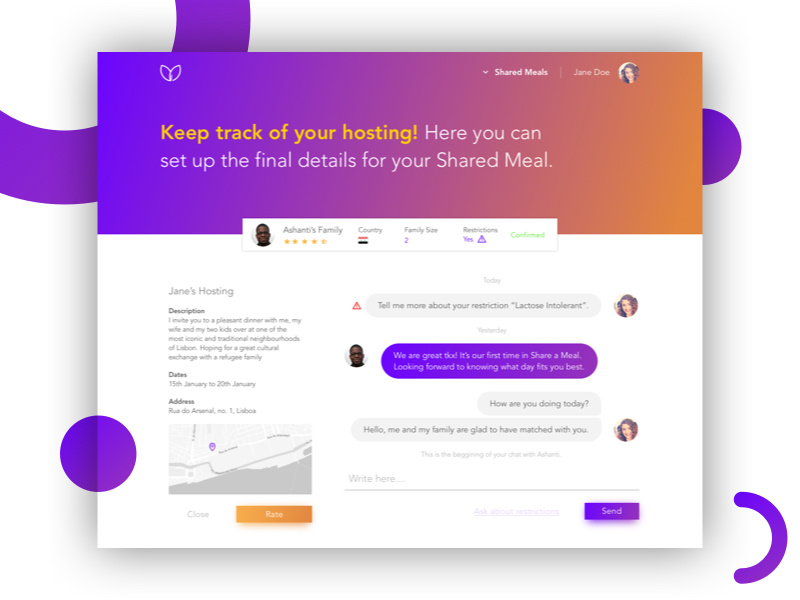 Meal Discussion | Share Your Meal | Winner Project Hack4Good chat gradient website web ui social product page layout landing clean app