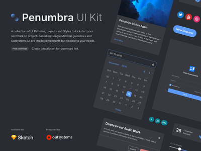 Penumbra UI Kit clean dark dark mode dark ui dashboard design design system download outsystems pattern product sketch ui ui kit ux