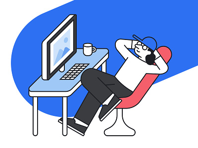 UXer chilling out in front of the office desk chair chilling desk illustraiton monitor office desk relaxing thinking ux ux design ux designer uxer vector
