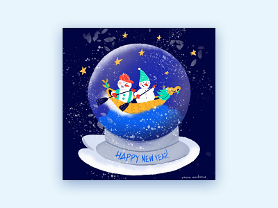 Greeting New Year Card design dragonboat giftcard graphic design greetingcard illustration procreate snowballs snowmans sportfun