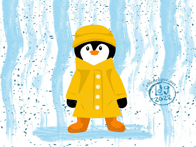 Rainy Day Penguin digital art illustration penguin rain raincoat weather yellow