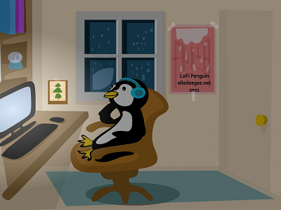 Lo-Fi Penguin digital art gamer illustration lofi parody penguin room vector