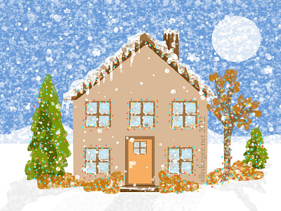 Snowy Christmas Home blue christmas cozy digital art holidays house illustration mood moon seasons snow trees