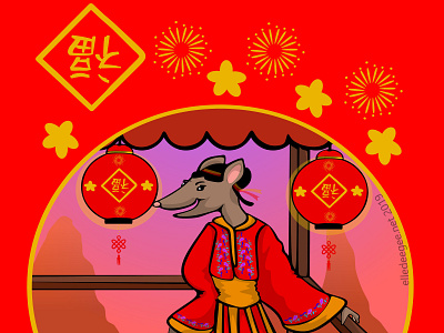 Year of the Rat card animals chinese new year digital art gold holidays illustration rat red vector zodiac