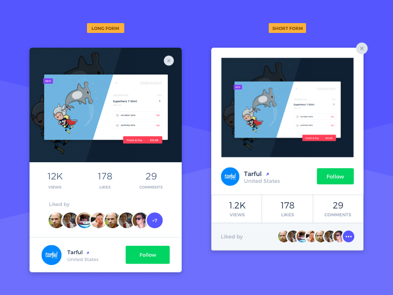 Shot Card variations framework concept stats profile followers dashboard component flow process web app layout product template ui ux dailyui features layout card design