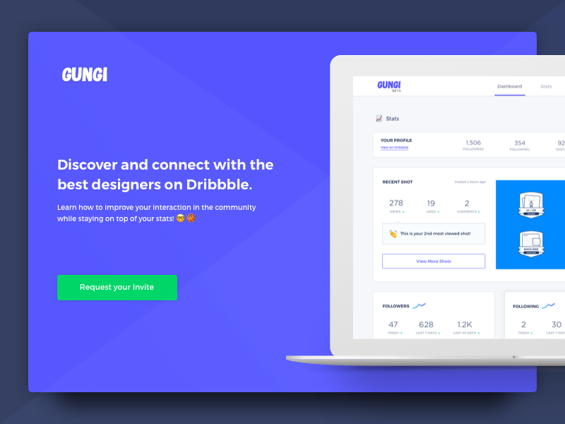 Gungi beta launch dashboard splash design web app mockup product template discovery platform dailyui subscribe stats page ui ux beta launch landing page