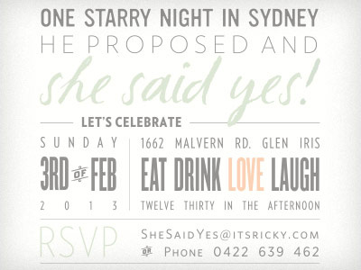 Bottom half of our engagement invitation. apricot drink engagement invitation laugh love sage