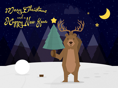 Christmas Card antlers bear christmas mountains snow tree