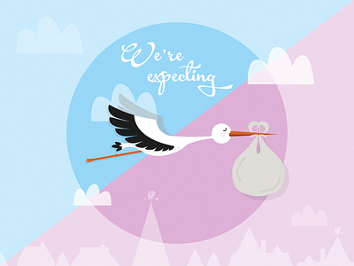 Baby announcement card baby card cloud houses stork