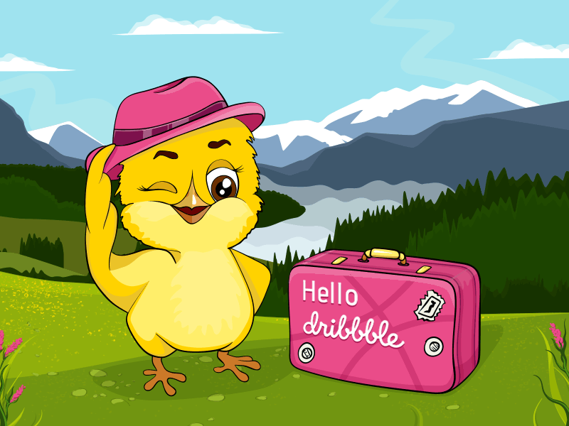 Hello Dribbble! airplane animation chick first shot hello dribbble landscape mountains nature plane suitcase travel vector