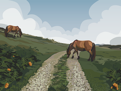 Mountain road green horse illustration illustrator landscape nature road sky vector