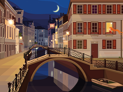 Night Venice boat bridge city girl illustration illustrator moon nigth street town vector venice