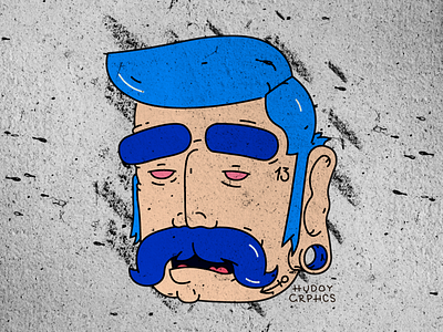 Old crazy man. black blue flat illustration line man mustache