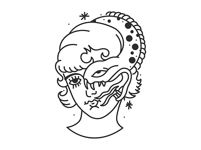 Sad sunday black flat girl illustration line logo oldschool snake tattoo traditional vector