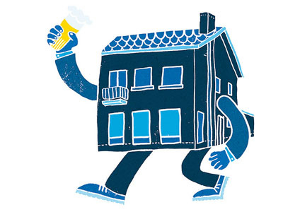 Housewarming! beer blue house housewarming illustration invitation personal