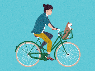 Jitensha basket bicycle bike cycling dog girl illustration japanese retro shiba vintage woman