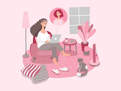 stayathome workathome smartworking woman chat armchair cat illustration landing page design laptop livingroom pink relaxing remote work web design woman