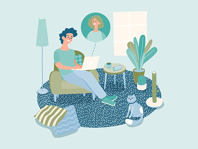 stayathome workathome smartworking man chat blue boy cat cat toy illustrator laptop living room man pillows plants relaxing remote work stay at home vector vector illustration web design work at home