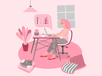 stayathome woman work laptop coffee cup girl illustration illustrator laptop lifestyle livingroom pink plants remote work sleepingcat stay at home web design woman